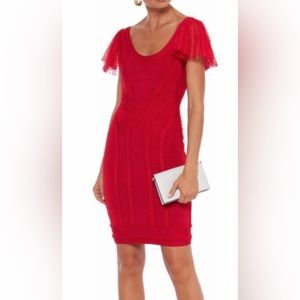Herve Leger- Evening Red Tulle Trimmed Cloqué Bandage Mini Cocktail